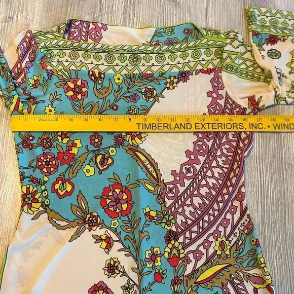 Donna Morgan Dress Abstract Floral Print Pastel Colors Boat Neck Stretch Size 4 - Picture 7 of 8